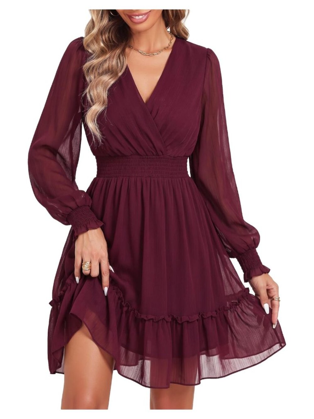 Women's Chiffon Long Sleeve Wrap Neck Wedding Guest Mini Dress